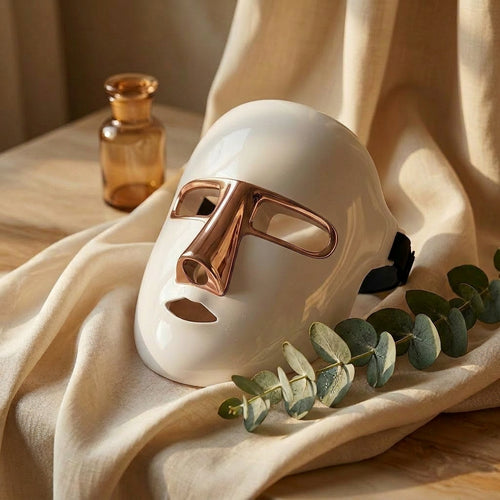 Rose gold trim LED light therapy facial mask on cream silk