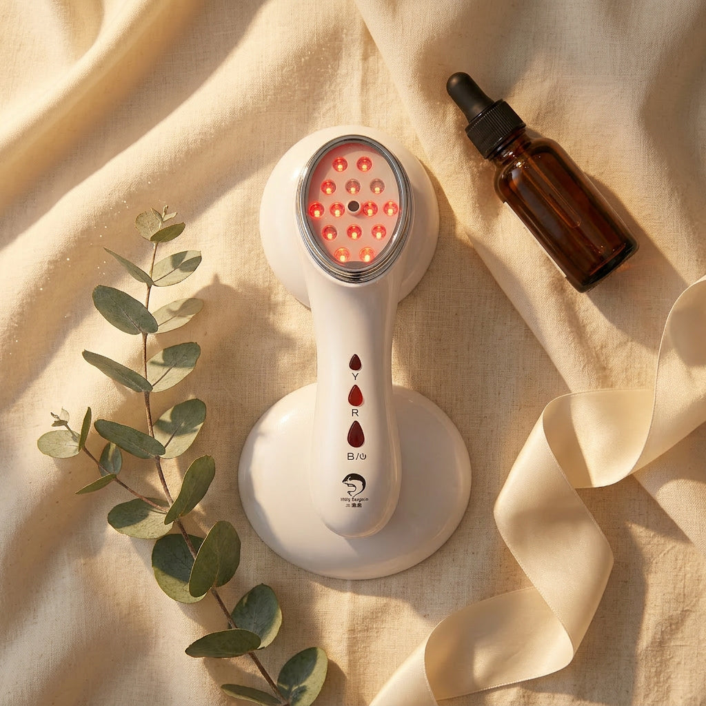 RF LED skincare device flat lay